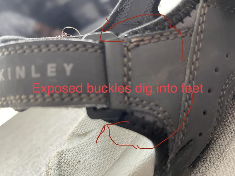 Exposed buckles dig into feet and wounds
