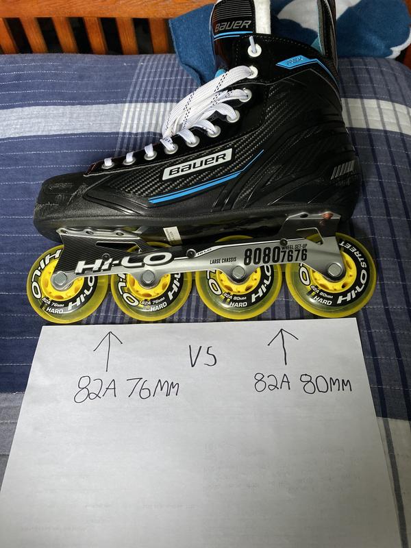 Front 2 wheels should be 82A 76MM and back wheels should be 82A 80MM,this is because you want to have a rocking motion while you are skating just like ice skates, you can get the back wheels custom ordered at online hockey shops. THESE ATE SENIOR SKATES ⛸