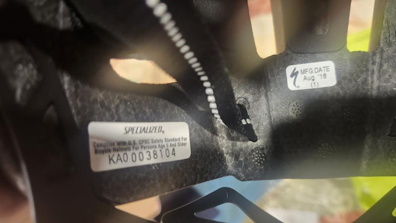 Helmet showing date of Aug 2018 date of manufacture