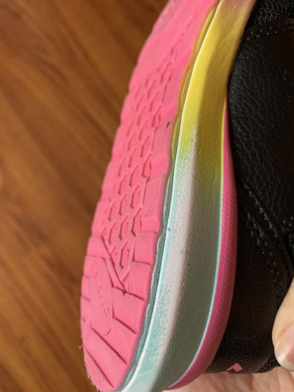 Pink outer sole, no rubber/grip for smooth floors.