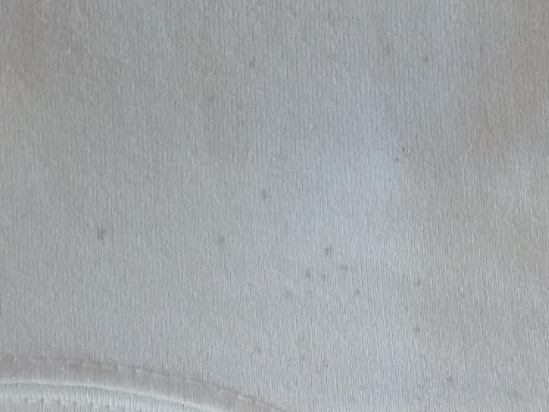 Tiny black spots appearing on the fabric below the collar in the chest area. Looks like mold.