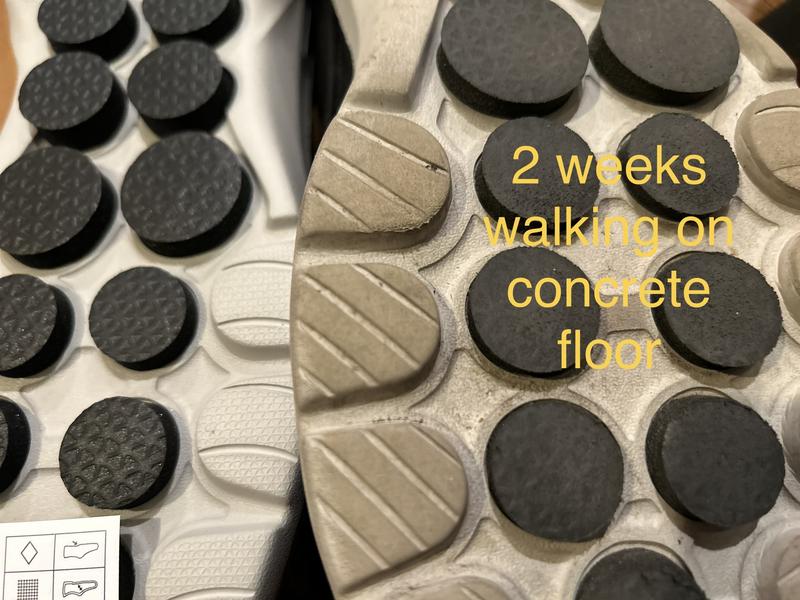 After two weeks walking on concrete floor, the black rubber lost the pattern. Keep in mind, I change shoes every 3 months, which this is normal .