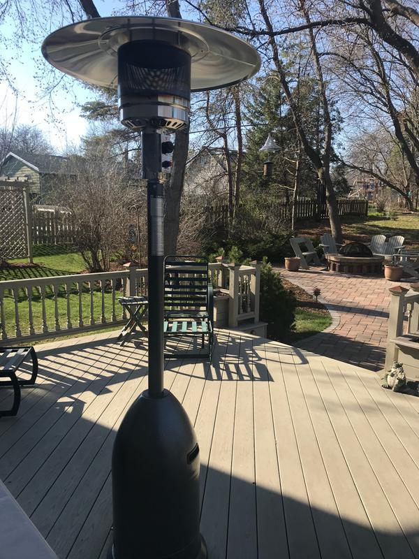 Patio Heater on deck with fire pit in background