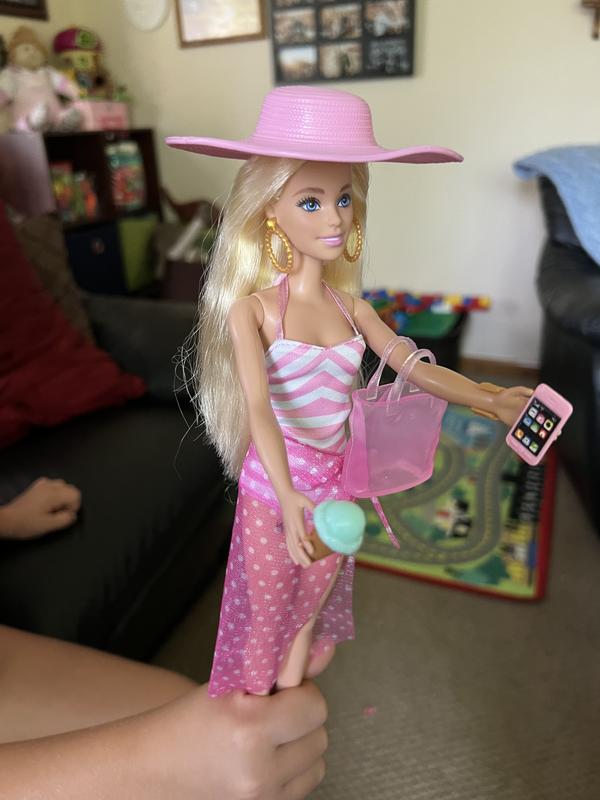 Barbie - Poupée Plage - Cheveux blonds, maillot rose à imprimé