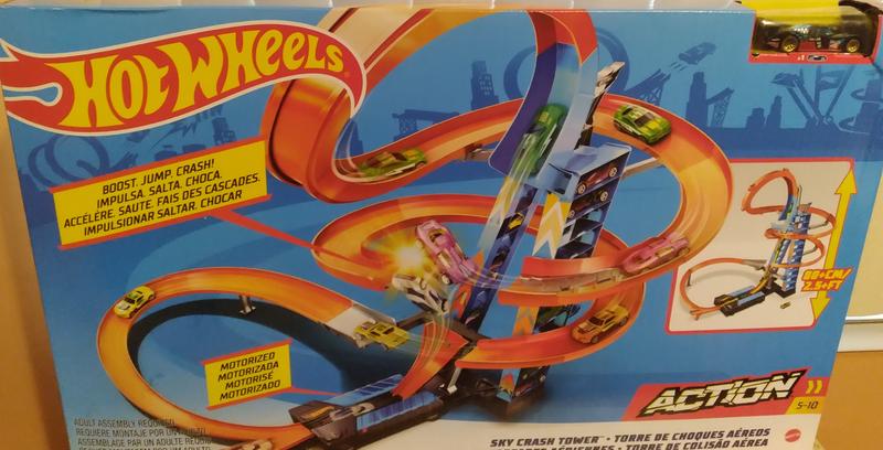 Hot Wheels Sky Crash Tower Track Set, 2.5+ ft High with Motorized Booster,  Orange Track & 1 Hot Wheels Vehicle, Race Multiple Cars, Gift for Kids 5 to