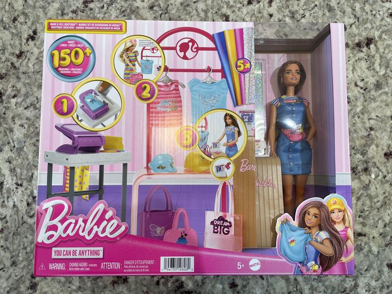 Barbie Make and Sell Boutique Playset with Brunette Doll, Foil Design  Tools, Clothes and Accessories