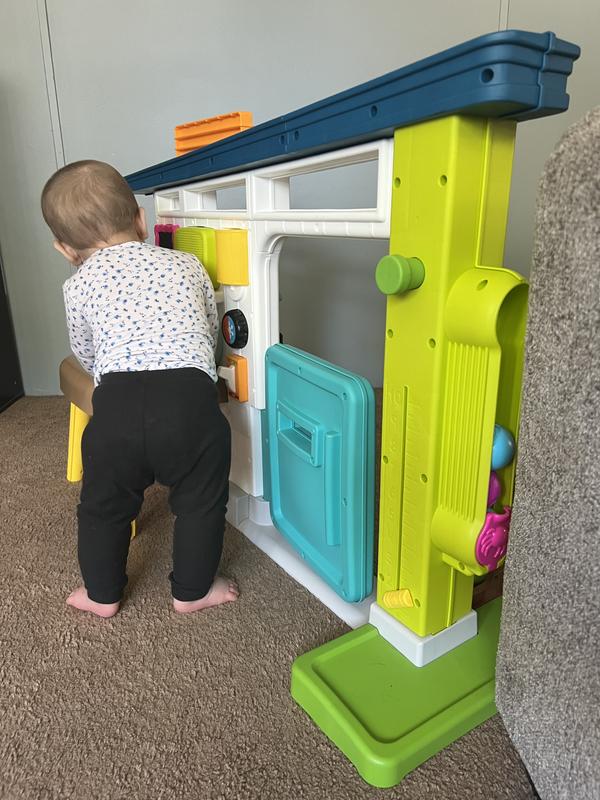 Using the bench to perfect her standing!