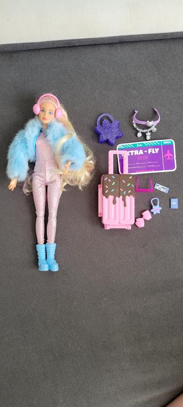 Barbie Extra Fly Doll with Snow-Themed Travel Clothes & Accessories,  Sparkly Pink Jumpsuit & Faux Fur Coat