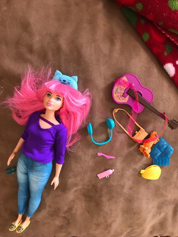 Barbie Daisy Doll, Pink Hair, with Kitten, Guitar, Opening Suitcase,  Stickers and 9 Accessories