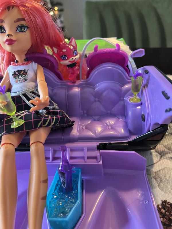Monster High Toy Car, Ghoul Mobile with Pet and Cooler Accessories, Purple  Convertible with Spiderweb Details Large, 4 years and older