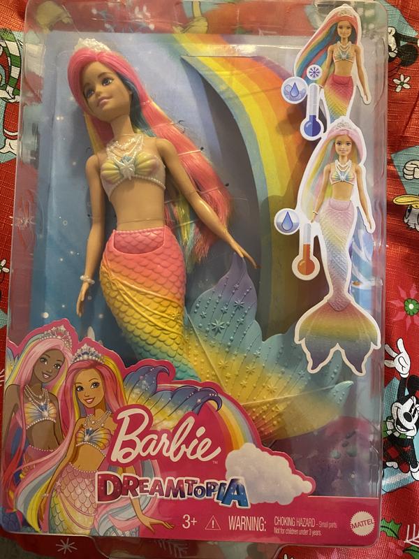 Barbie Dreamtopia Poupée sirène magique arc-en-ciel avec cheveux  arc-en-ciel et yeux bleus, fonction changement de couleur activée par l'eau  : : Jeux et Jouets