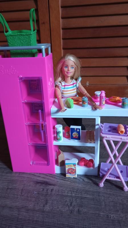 Barbie Coffret Extension Cuisine Avec Poupée Et Garde-Manger, Plus De 30  Accessoires, Meubles Maison De Poupée, Feuille Stickers Nourriture, Jouet
