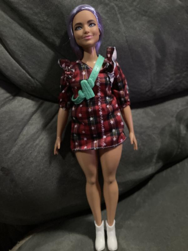 Barbie Fashionistas Doll #157, Curvy with Lavender Hair in Red Plaid Dress  & White Cowboy Boots