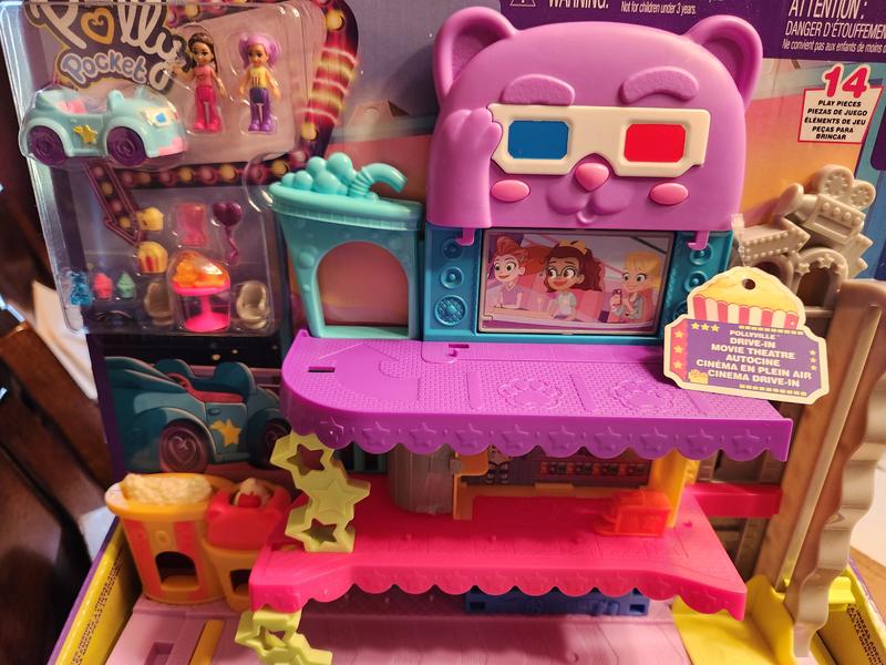 Polly Pocket Pollyville Dolls & Playset, Drive-in Movie Theater with 2  Micro Dolls, 1 Toy Car & 11 Accessories