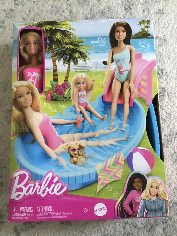 Barbie Doll and Pool Playset Blonde with Pool Slide Towel and Drink Accessories Mattel