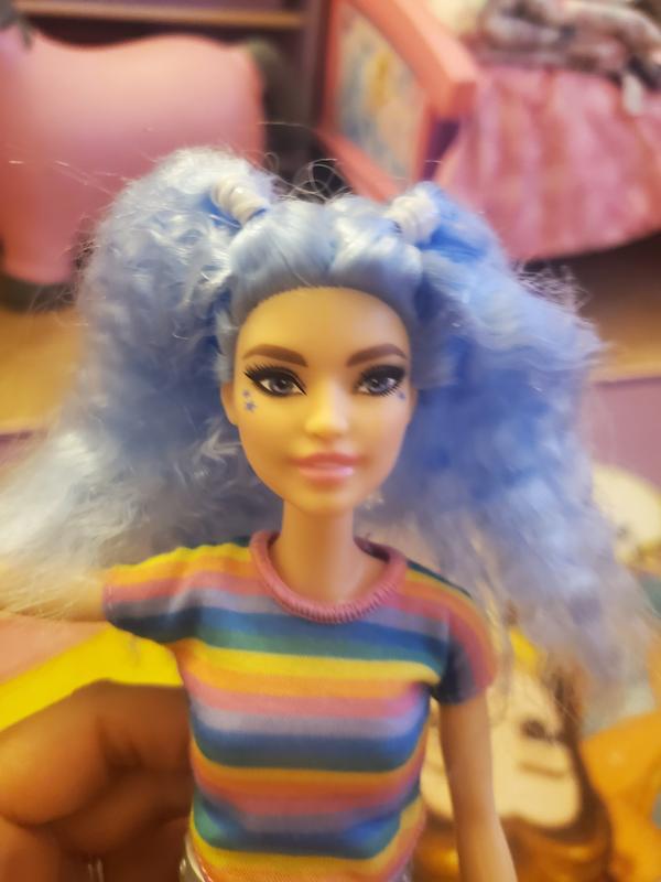 Barbie Fashionistas Doll #218 with Long Blue Hair, Rainbow Top & Teal Skirt