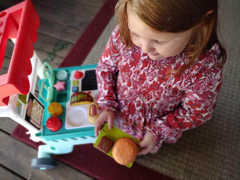 Burger, taco, hotdog, cake, and drink.