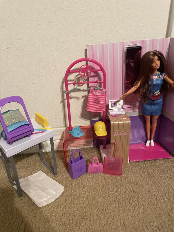 Playset barbie make & sell boutique, bambola con capelli castani