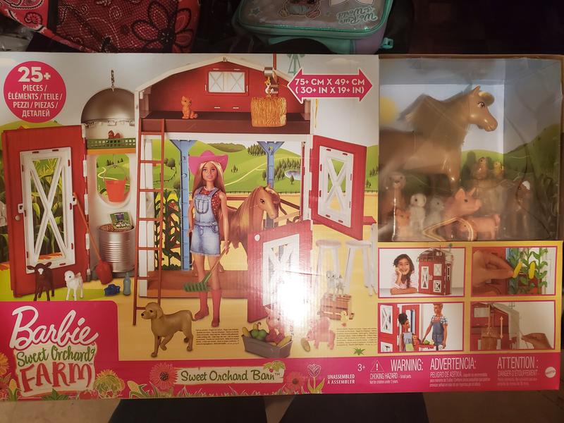 Barbie gck86 sweet orchard farm blonde doll discount and playset with 7 animals