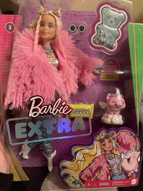 Barbie Extra Fashion Doll with Crimped Hair in Fluffy Pink Coat with  Accessories & Pet