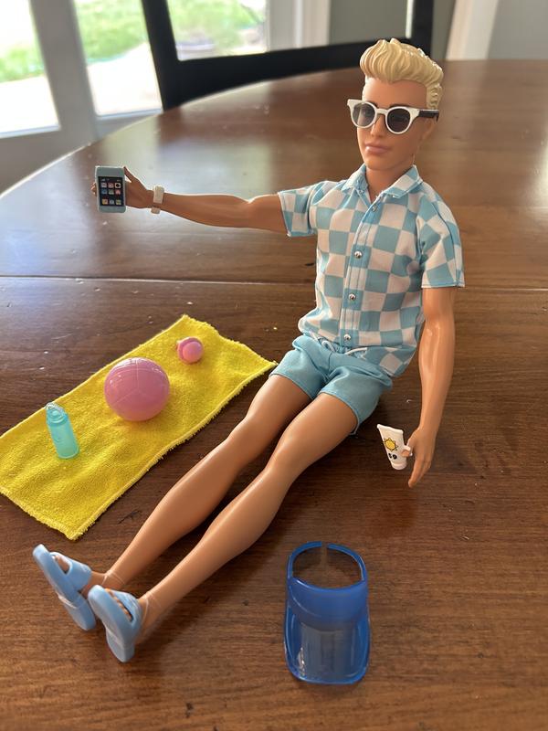 Blonde Ken Doll with Swim Trunks and Beach-Themed Accessories