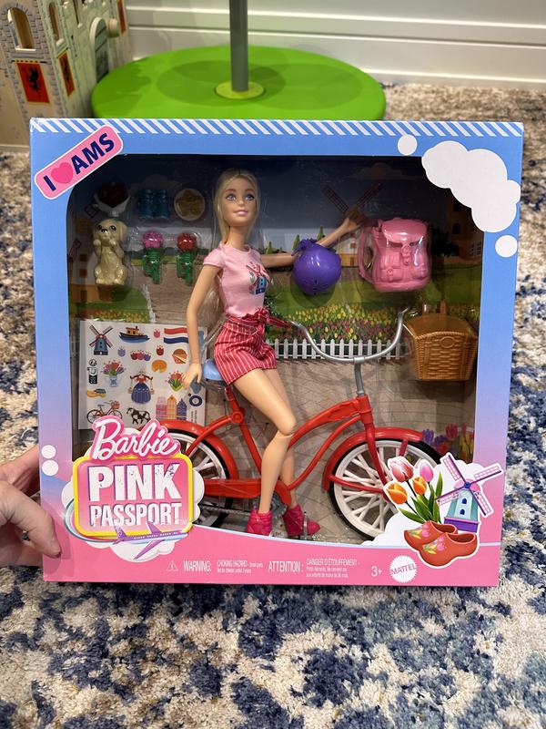 Barbie Pink Passport Holland Doll Set with Bicycle Clothes Travel Accessories Mattel