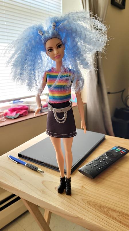 Barbie Fashionistas Doll #218 with Long Blue Hair, Rainbow Top & Teal Skirt