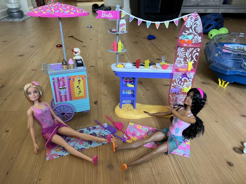 Barbie Dolls & Accessories Playset, Beach Boardwalk with Barbie “Brooklyn”  & “Malibu” Dolls, Food Stand, Kiosk & 30+ Accessories