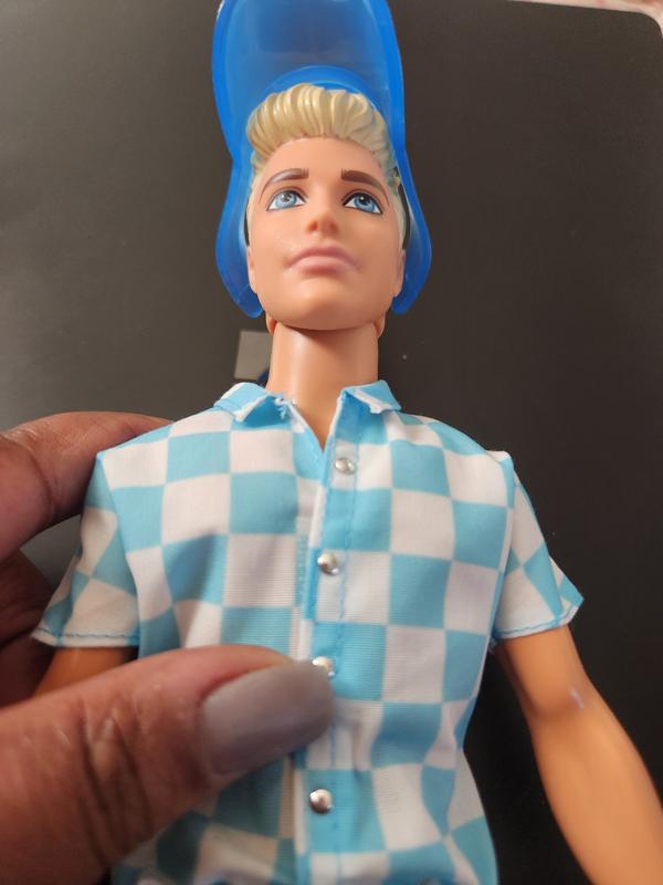 Blonde Ken Doll with Blue Button Down and Swim Trunks, Visor, Towel and  Beach-Themed Accessories, HPL74