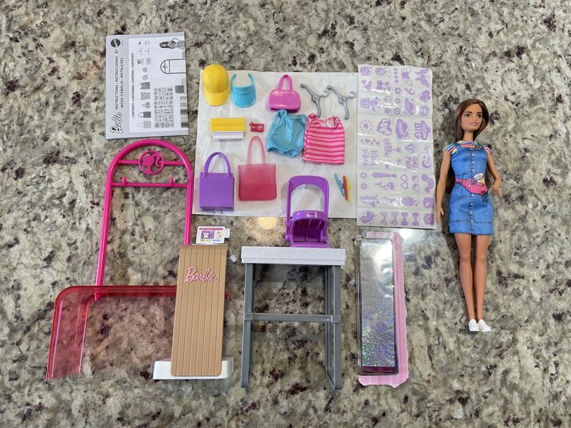  Barbie Doll & Accessories, Make & Sell Boutique Playset with  Display Rack, Create Foil Designs Medium : Toys & Games