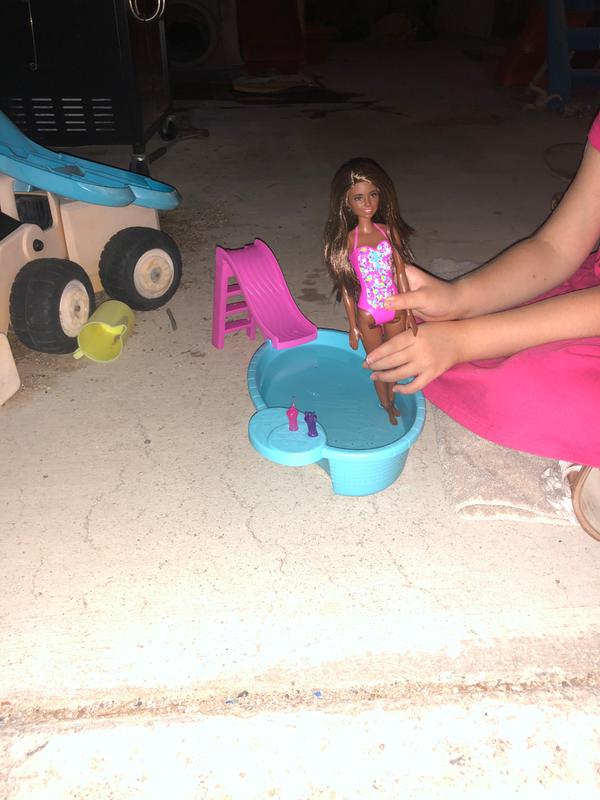 Barbie Doll, 11.5-inch Brunette, and Pool Playset with Slide and Accessories