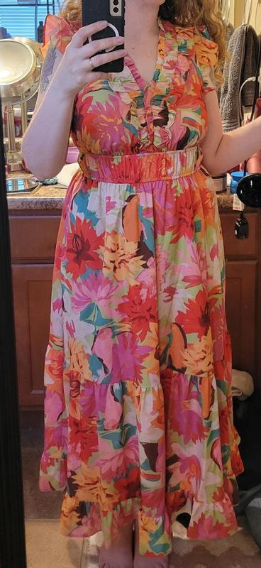 Women's Floral-Print Ruffled-Shoulder Dress