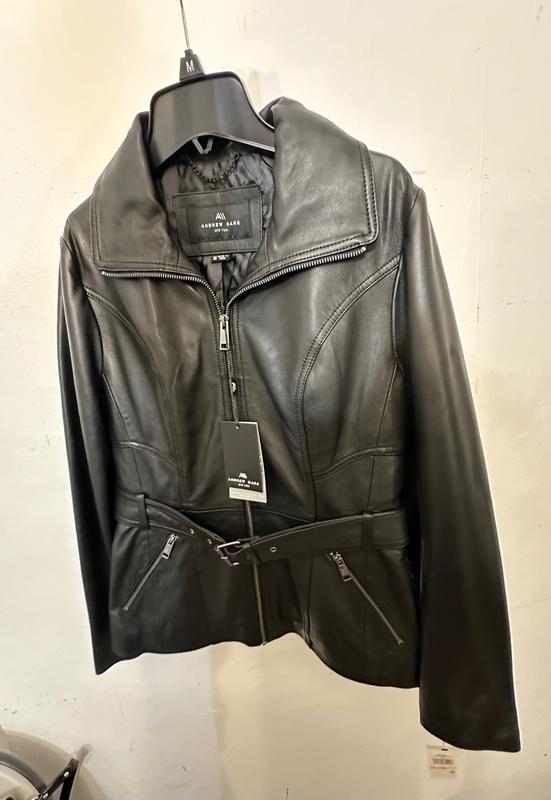 Andrew Marc newest Black Leather Jacket M Butter Soft Full Zip Belted Womens Medium