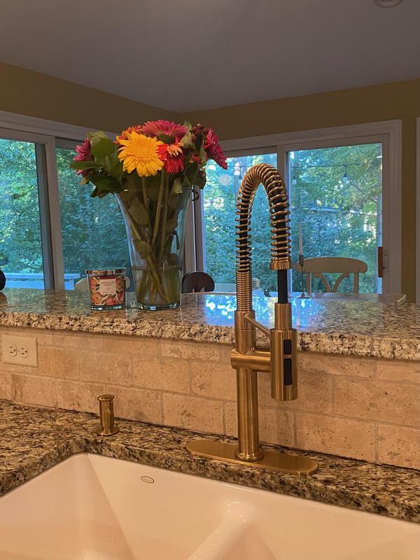 KOHLER Crue Pre-Rinse Spring Vibrant Brushed Moderne Brass Single Handle Pull-down Kitchen Faucet with Sprayer Function (Deck Plate Included) in the Kitchen Faucets department at Kohler K-22973-2MB Crue Kitchen Sink Faucet, Vibrant Brushed Moderne Brass