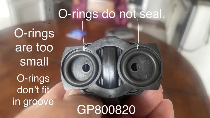 O-rings that come with GP800820 do not seal against adapter GP30320. Requires flat washers that come with kit 30320.