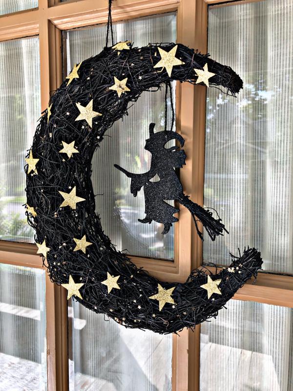 Halloween Glitter Vine Moon and Witch LED Wall Decor
