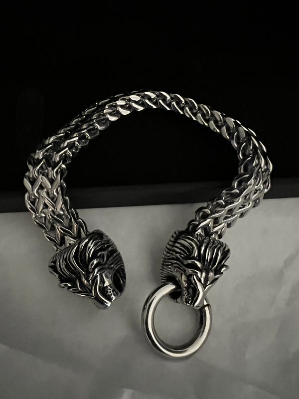 Men's Franco Chain & Lion Head Bracelet Stainless Steel 9