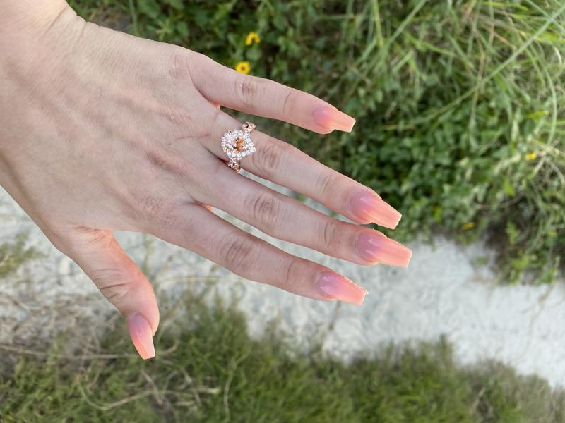 Vintage Natural Morganite Hexagon Ring Set w/ Diamond Open Milgrain Enhancer Band Rose Gold