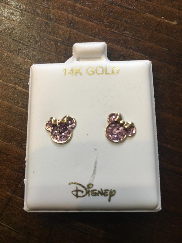 Children's Minnie Mouse Pink Glitter Stud Earrings 14K Yellow Gold