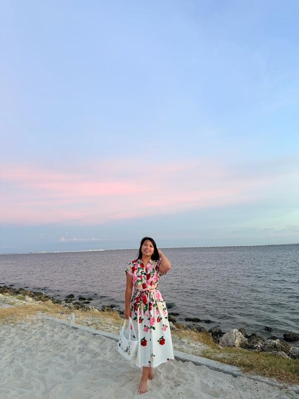 Customer photo for "Beautiful print and comfortable dress with a very flattering waistline."