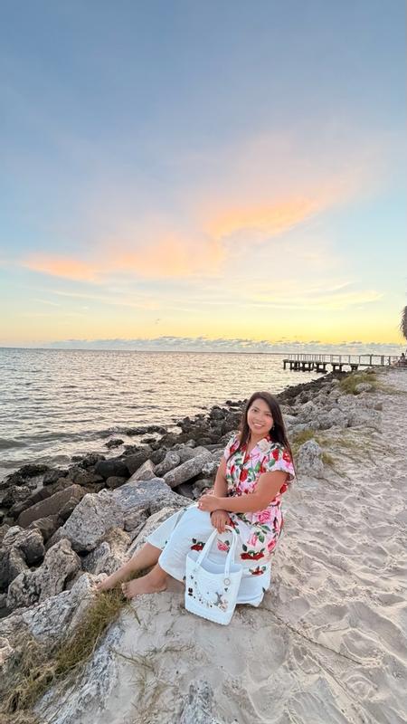Customer photo for "Beautiful print and comfortable dress with a very flattering waistline."