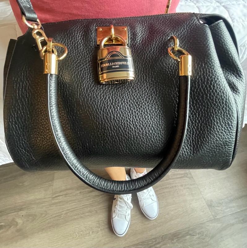 Customer photo for "Karl Lagerfeld black leather Maelynn satchel bag is a keeper"