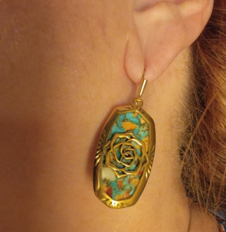 Elle Vintage Gold Etch Frame Drop Earrings in Variegated Turquoise