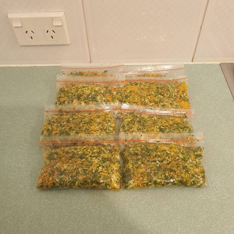 Reptile vegetable mix packaged and ready for freezer.