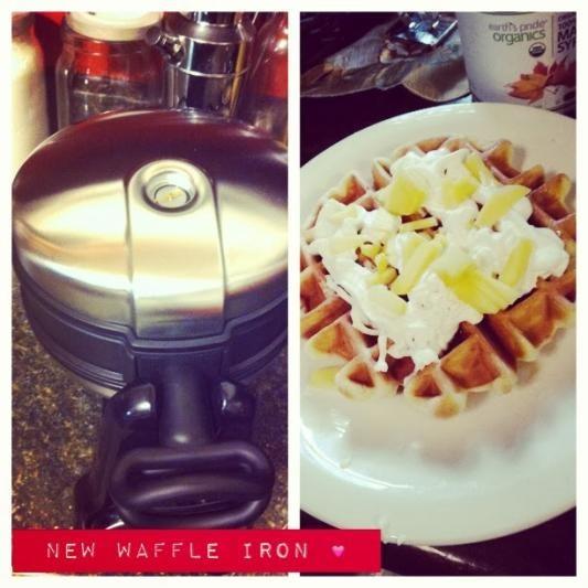 Blended bananas in waffle batter and topped with diced pineapples.