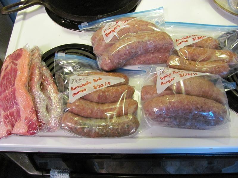 Spicy portabello bangers, mild portabello bangers, and two bags of mild portabello chorizo. and three steaks. All pork with natural pork casings.