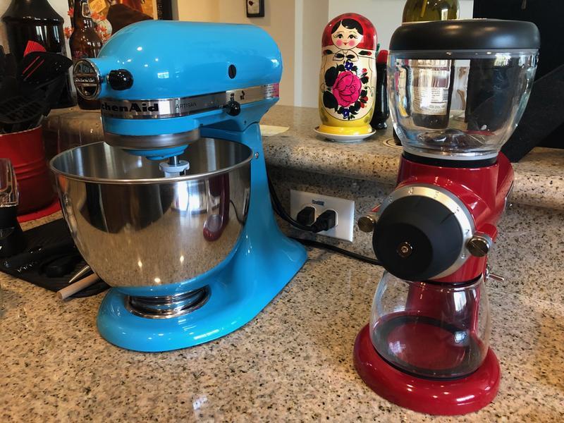 My countertop 'dynamic duo' of KitchenAid Artisan 5qt Mixer (Crystal Blue), and Burr Grinder (Empire Red). Nice!