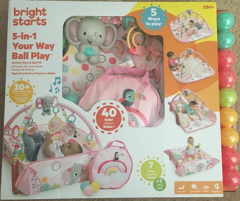 Bright Starts 5-in-1 Your Way Ball Play Baby Activity Play Gym & Ball Pit,  Includes 7 Toys, Newborn to Toddler - Rainbow Tropics (Pink)