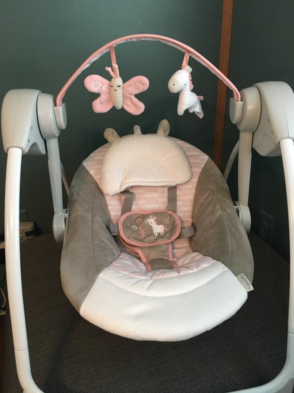 Ingenuity Comfort 2 Go Portable Baby Swing - 6 Speeds, Music, Folds For Travel (Flora The Unicorn, 0-9 Months)
