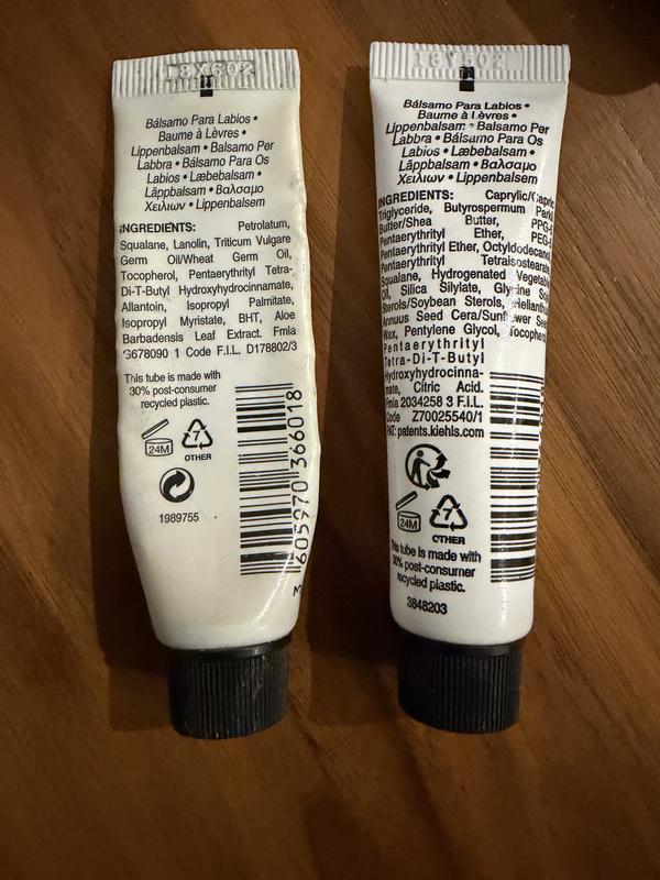 Original (used up) vs new lip balm ingredients - totally different. The new one is nowhere near as good and has more ingredients